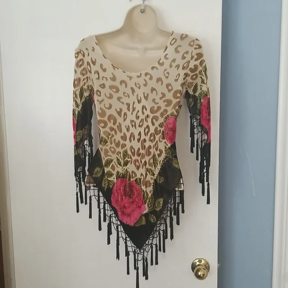 Vintage Velvet Beaded Fringe Top Leopard W Roses No Labels Size Small - Picture 5 of 5